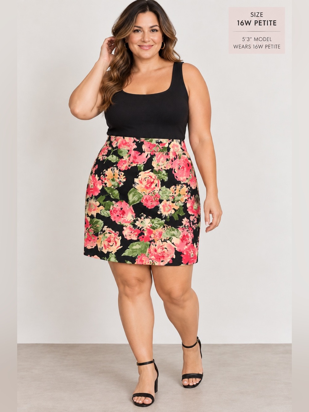 Talbots Woman Petites 16WP Floral Pencil Skirt Black Pink Rose Print Lined